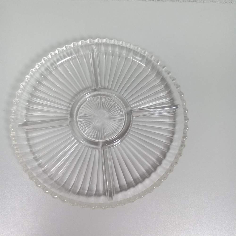 Vintage Clear Glass Divided Relish Tray‎ Sunburst Ribbed Scalloped Edge 10.25in